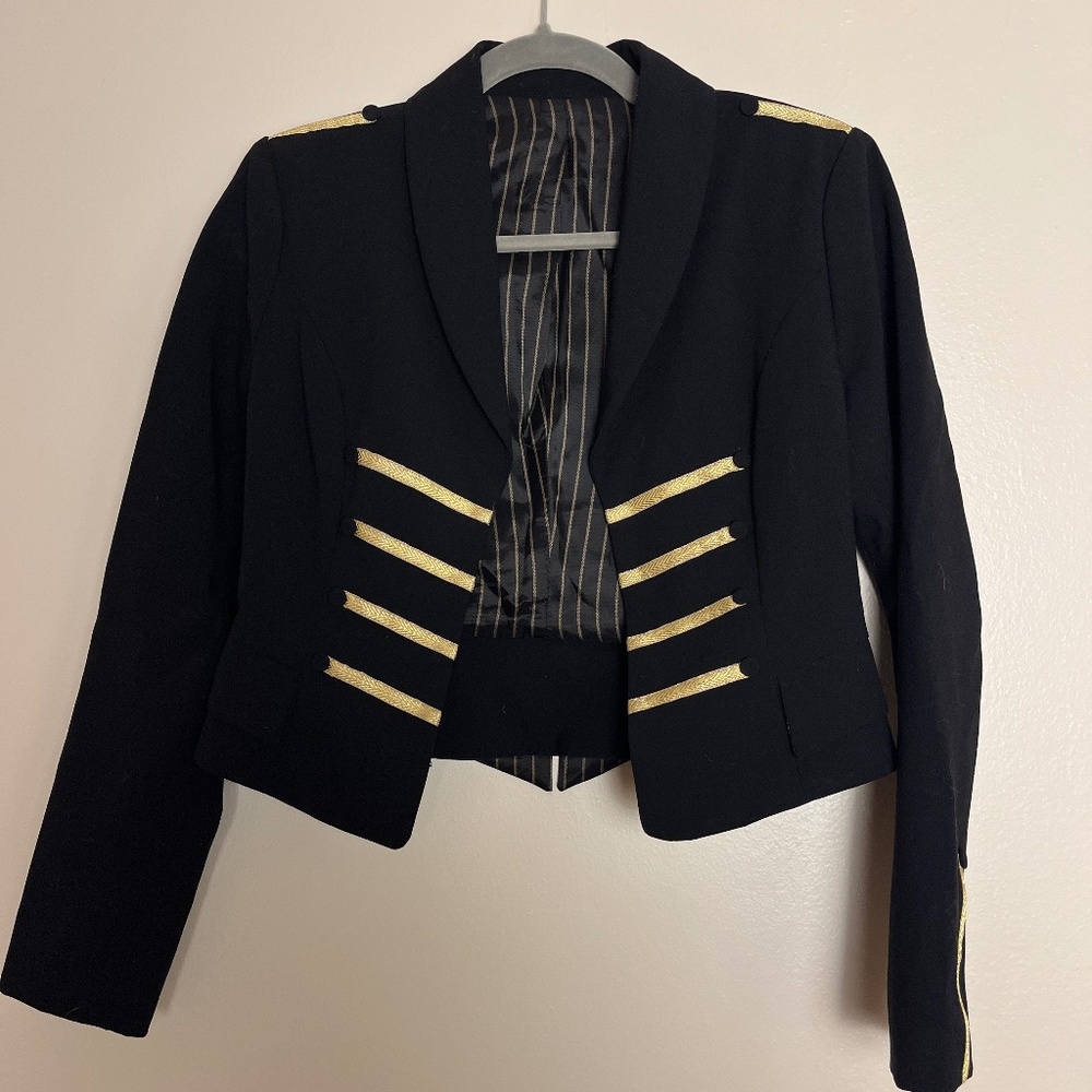 Vintage Black Cropped Military Jacket with Gold Trim